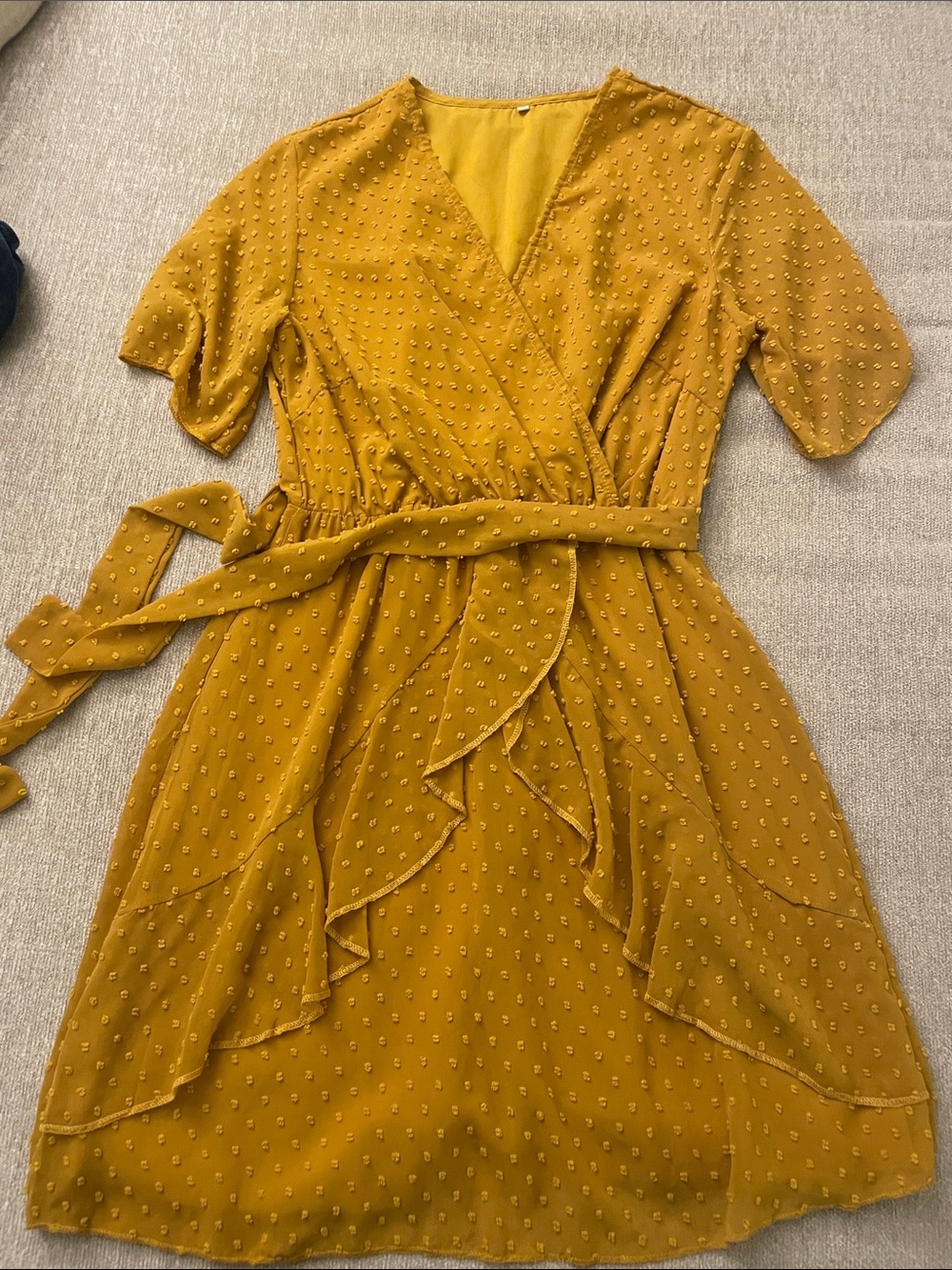 Mustard Yellow Flutter Sleeve Wrap Dress